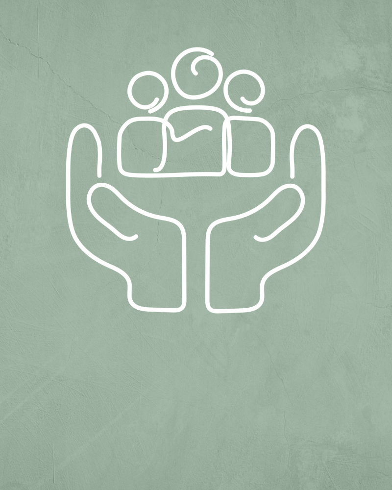 Green textured background with line drawn icon of people being held up with hands.